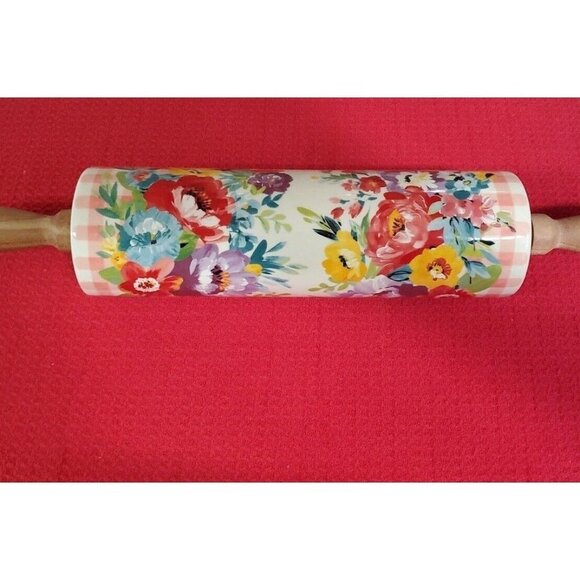 The Pioneer Woman Ceramic Rolling Pin Sweet Romance Blossom w/Acacia Handles NEW - Picture 6 of 12